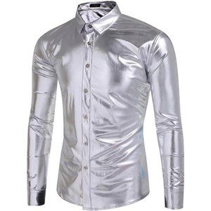 Men's Metallic Disco Shiny Slim Fit Long Sleeve Button Down Party Shirts, Sliver